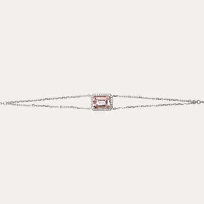 Minnie Emerald Cut Morganite Halo Diamond Double Chain Bracelet