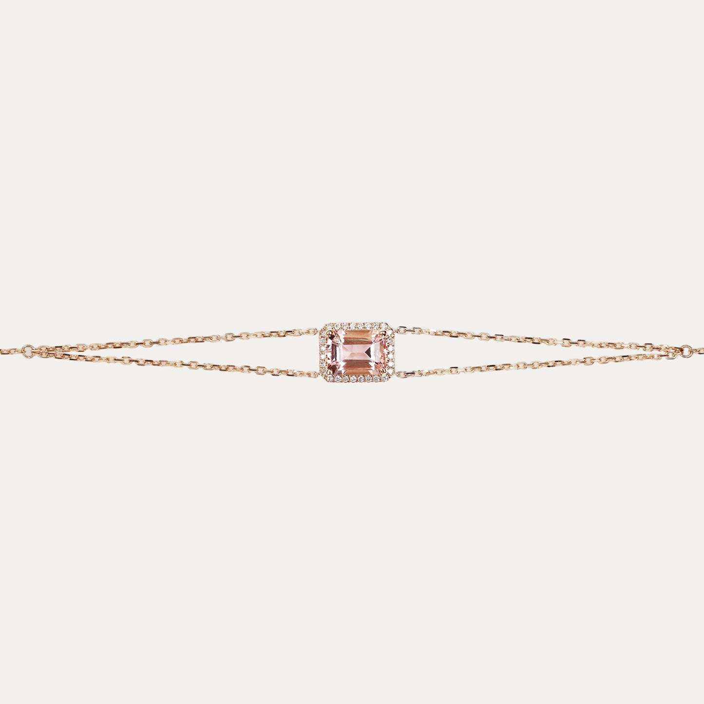 Minnie Emerald Cut Morganite Halo Diamond Double Chain Bracelet