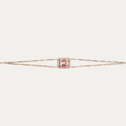 Minnie Emerald Cut Morganite Halo Diamond Double Chain Bracelet