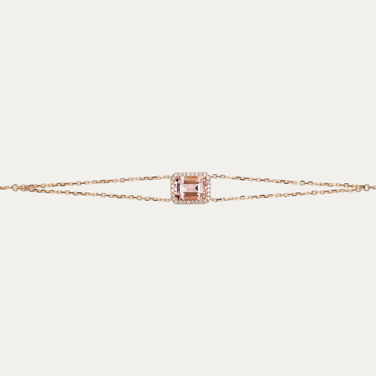 Minnie Emerald Cut Morganite Halo Diamond Double Chain Bracelet