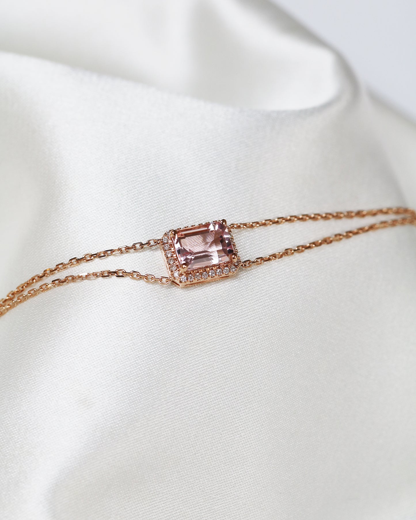 Minnie Emerald Cut Morganite Halo Diamond Double Chain Bracelet
