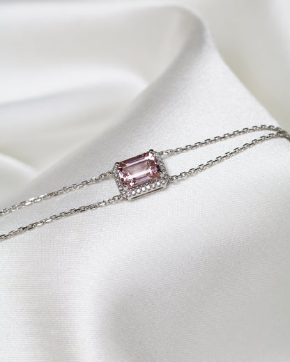Minnie Emerald Cut Morganite Halo Diamond Double Chain Bracelet