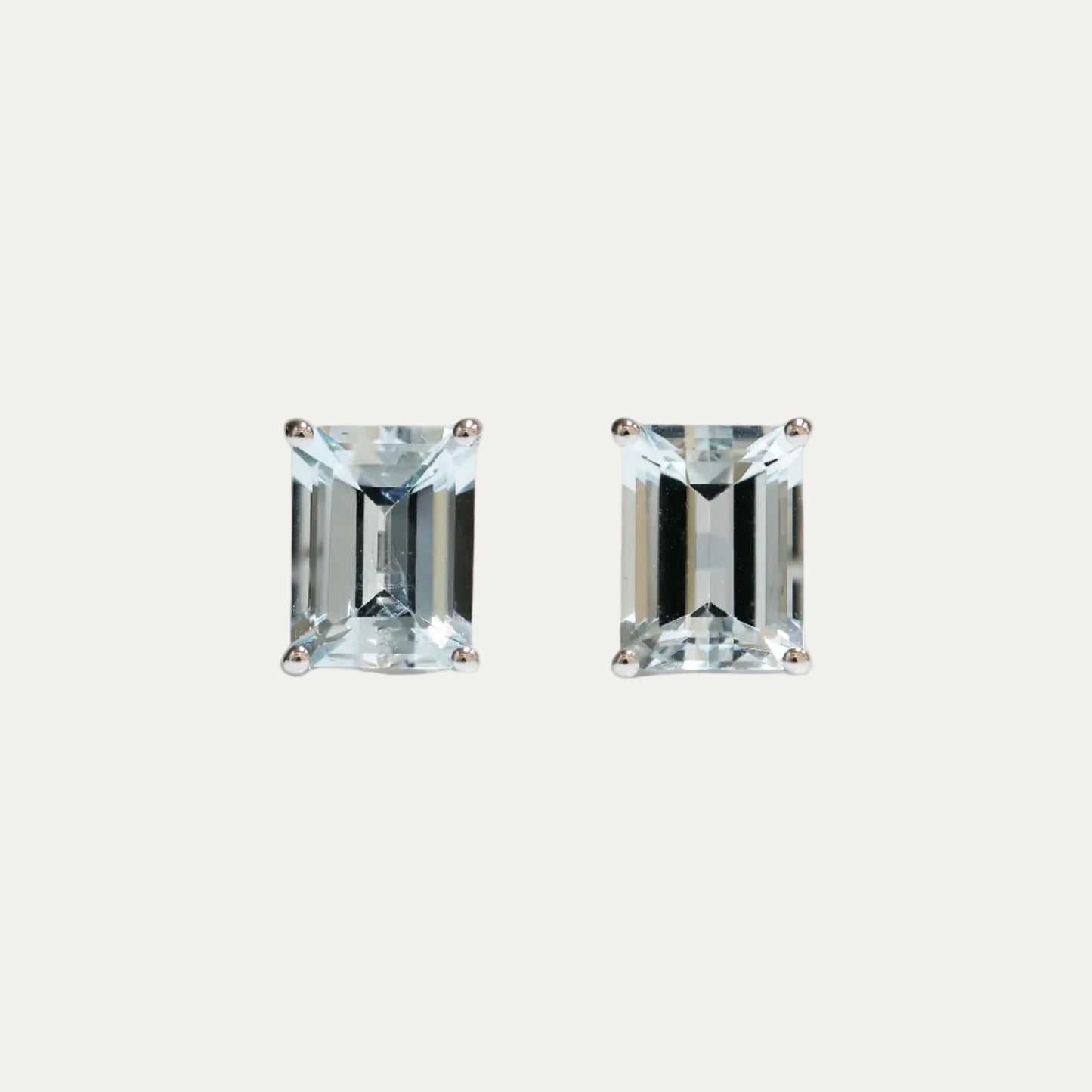 18k White Gold Emerald Cut Aquamarine Stud Earrings, Pair