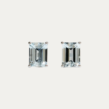 18k White Gold Emerald Cut Aquamarine Stud Earrings, Pair