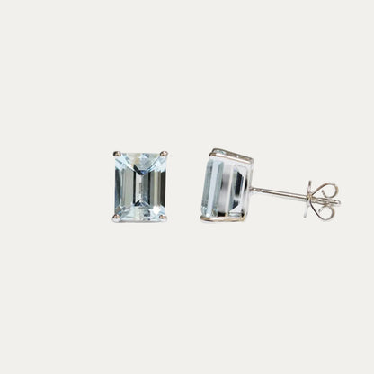 18k White Gold Emerald Cut Aquamarine Stud Earrings, Pair