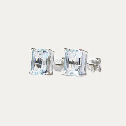 18k White Gold Emerald Cut Aquamarine Stud Earrings, Pair