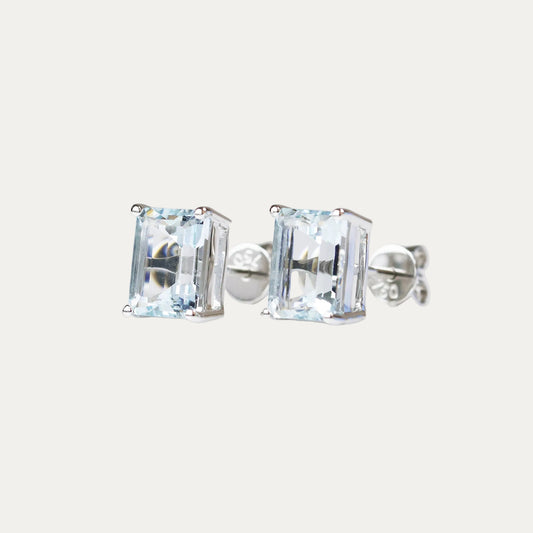 18k White Gold Emerald Cut Aquamarine Stud Earrings, Pair