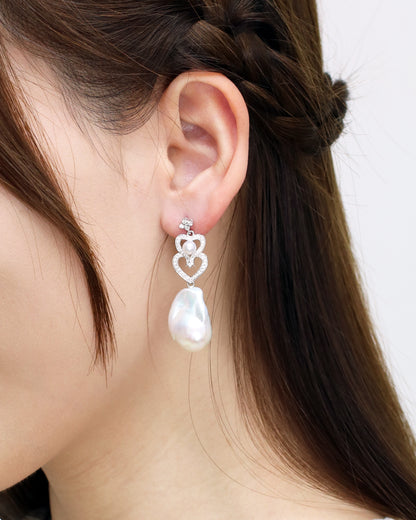 18k White Gold Akoya Pearl and Baroque Pearl Diamond Dangle Earrings