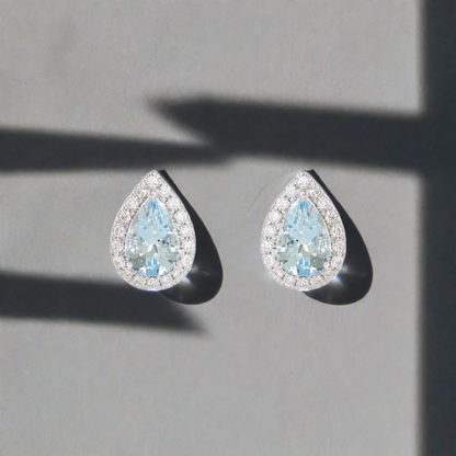 18k White Gold Pear-shaped Aquamarine Halo Diamond Earrings, Pair