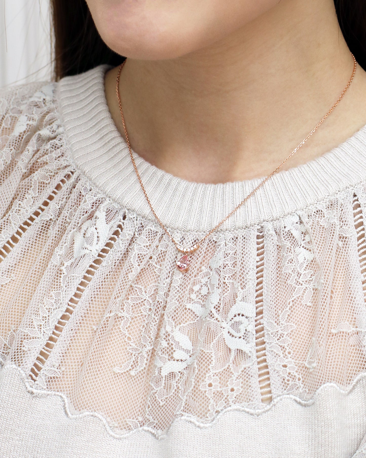 18k Rose Gold Cherry Blossom Morganite Smile Curved Diamond Necklace