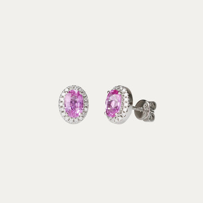 18k White Gold Oval-shaped Pink Sapphire Halo Diamond Earrings