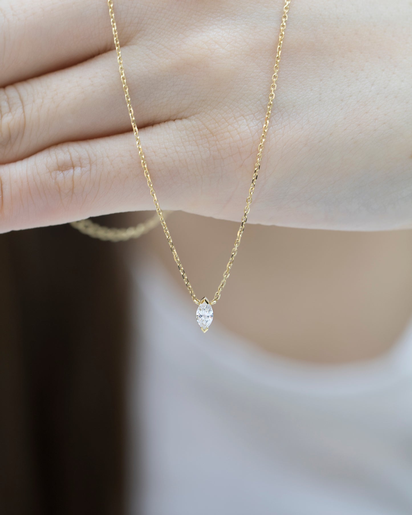 18k Yellow Gold Solitaire Marquise Diamond Necklace