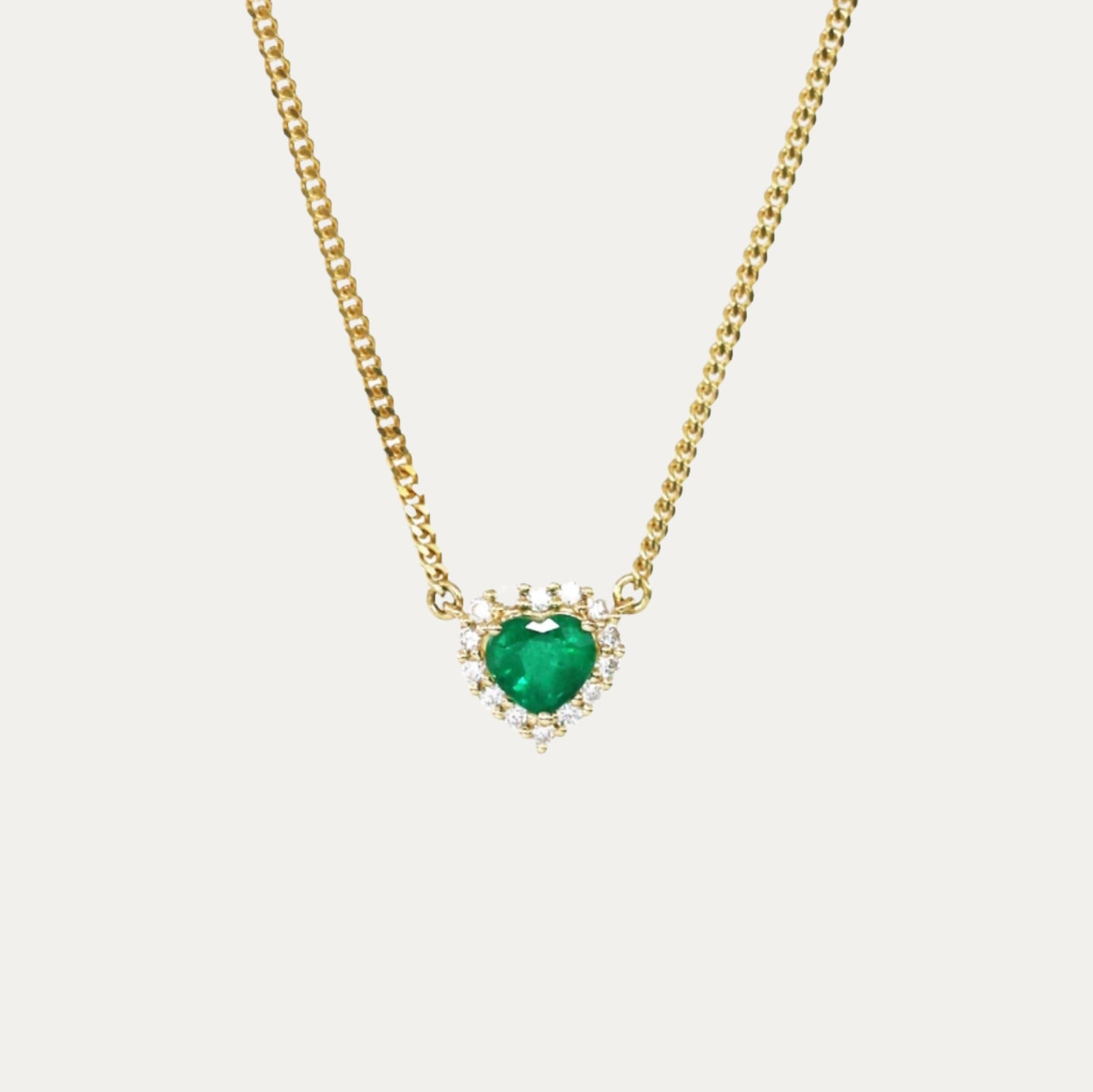  18k黃金心形綠寶石鑽石頸鍊 18k Yellow Gold Heart-shaped Emerald Diamond Halo Cuban Chain Necklace