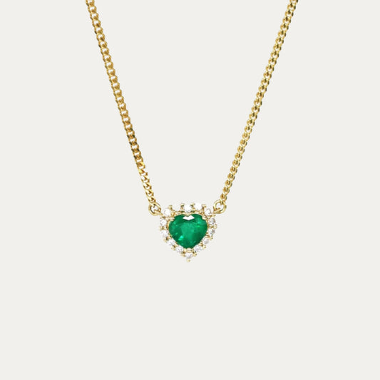  18k黃金心形綠寶石鑽石頸鍊 18k Yellow Gold Heart-shaped Emerald Diamond Halo Cuban Chain Necklace