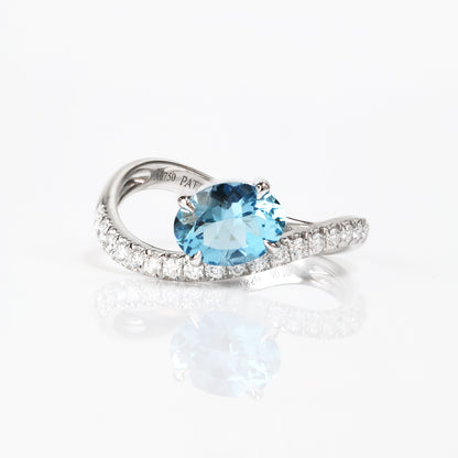 18k White Gold Oval-shaped Exceptional Santa Maria Aquamarine Diamond Wave Band Ring