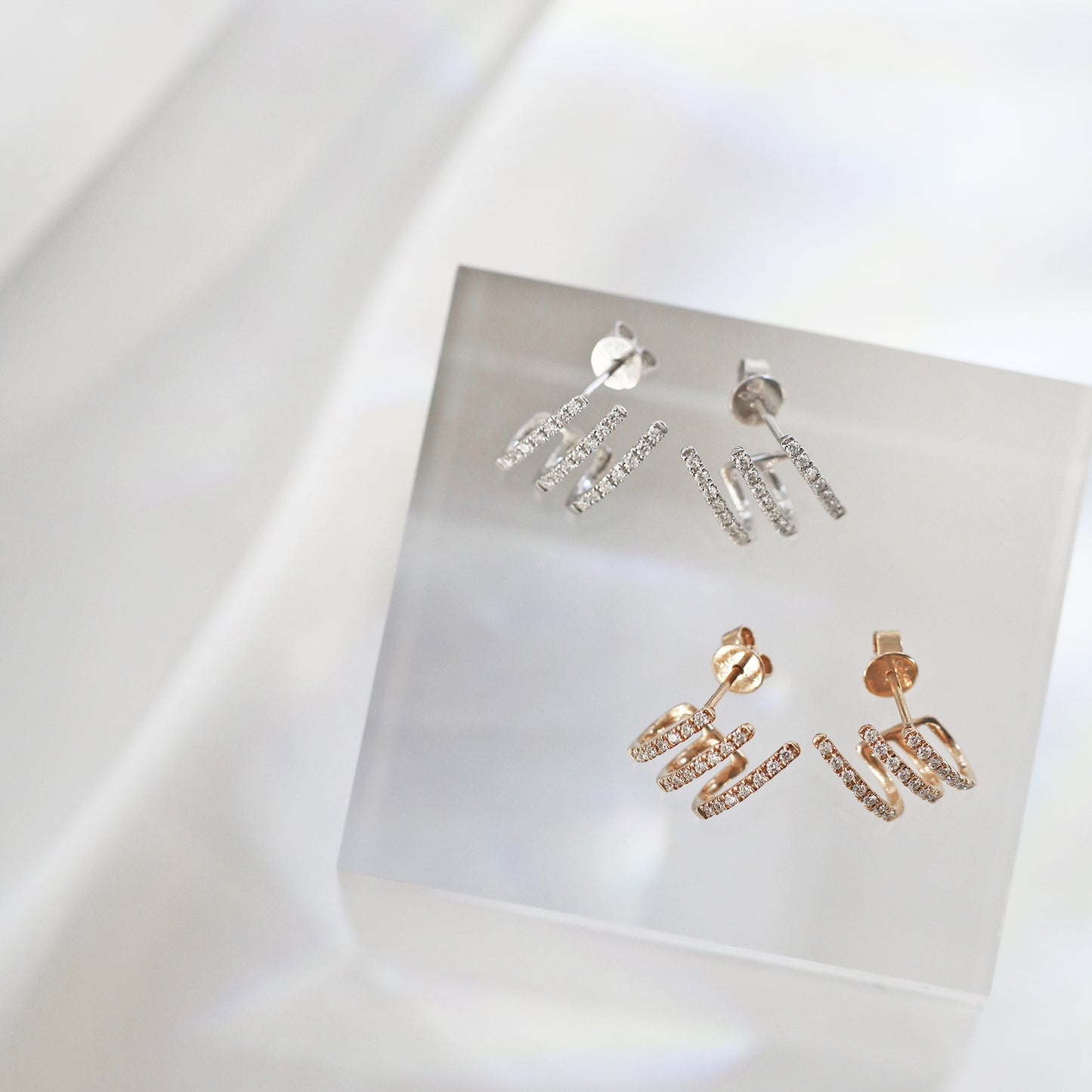 18k White/Rose Gold Luxurious 3-row Earrings, Pair