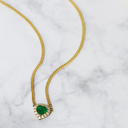 18k黃金心形綠寶石鑽石頸鍊 18k Yellow Gold Heart-shaped Emerald Diamond Halo Cuban Chain Necklace