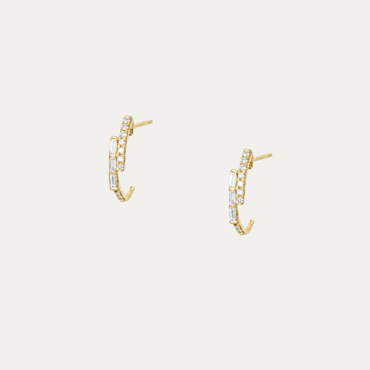 18k Gold Baguette Diamond Huggie Earrings, Pair