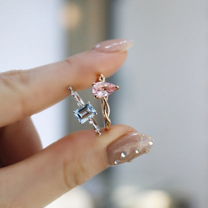 18k玫瑰粉紅摩根石鑽石戒指和海藍寶鑽石戒指 18k Rose Gold Emerald-cut Morganite Diamond Ring and Aquamarine Diamond Ring