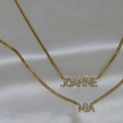 18k Gold Diamond Nameplate Chain Necklace (White/Rose/Yellow Gold)