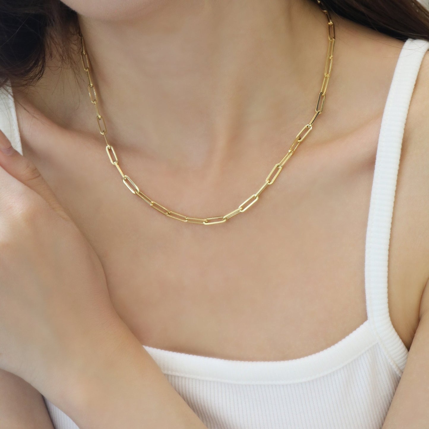 18k Gold Circle Paper Clip Chain Necklace (White/Rose/Yellow Gold)