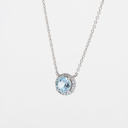 18k White Gold Aquamarine Halo Diamond Necklace