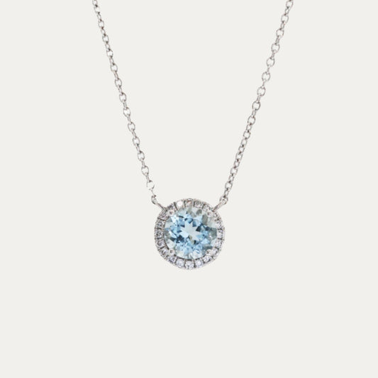 18k White Gold Aquamarine Halo Diamond Necklace