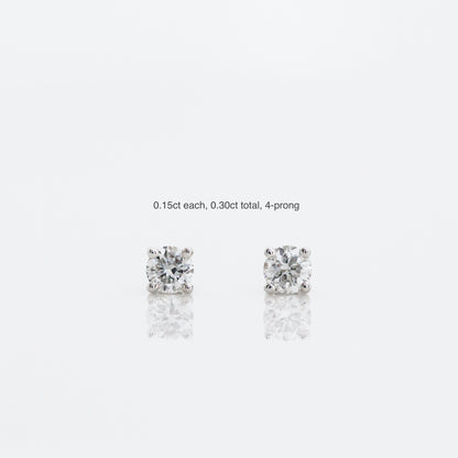 18k White Gold Classic 4-prong/6-prong Round Diamond Stud Earrings, Single or Pair