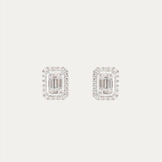 18k White Gold Emerald Cut Diamond Stud Earrings18k白金輕奢祖母綠切割鑽石耳環