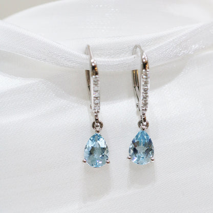 18k White Gold Aquamarine Diamond Dangle Earrings 18k白金水滴形海藍寶鑽石耳環