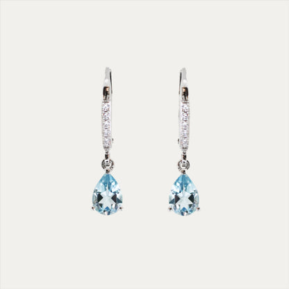 18k White Gold Aquamarine Diamond Dangle Earrings 18k白金水滴形海藍寶鑽石耳環