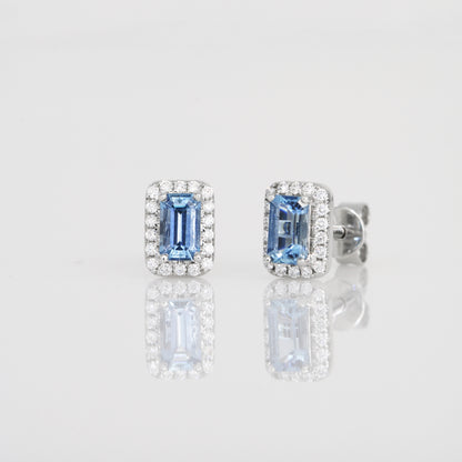 18k White Gold Emerald Cut Aquamarine Halo Diamond Earrings 18k白金祖母綠切割聖瑪利亞海藍寶鑽石耳環
