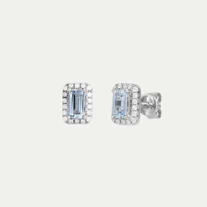 18k White Gold Emerald Cut Aquamarine Halo Diamond Earrings 18k白金祖母綠切割聖瑪利亞海藍寶鑽石耳環
