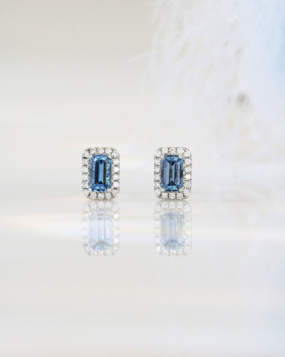 18k White Gold Emerald Cut Aquamarine Halo Diamond Earrings 18k白金祖母綠切割聖瑪利亞海藍寶鑽石耳環