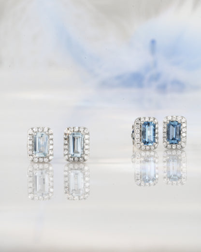 18k White Gold Emerald Cut Aquamarine Halo Diamond Earrings 18k白金祖母綠切割聖瑪利亞海藍寶鑽石耳環