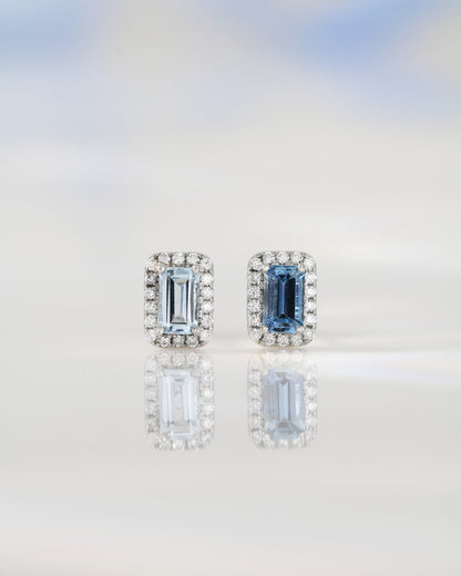 18k White Gold Emerald Cut Aquamarine Halo Diamond Earrings 18k白金祖母綠切割聖瑪利亞海藍寶鑽石耳環