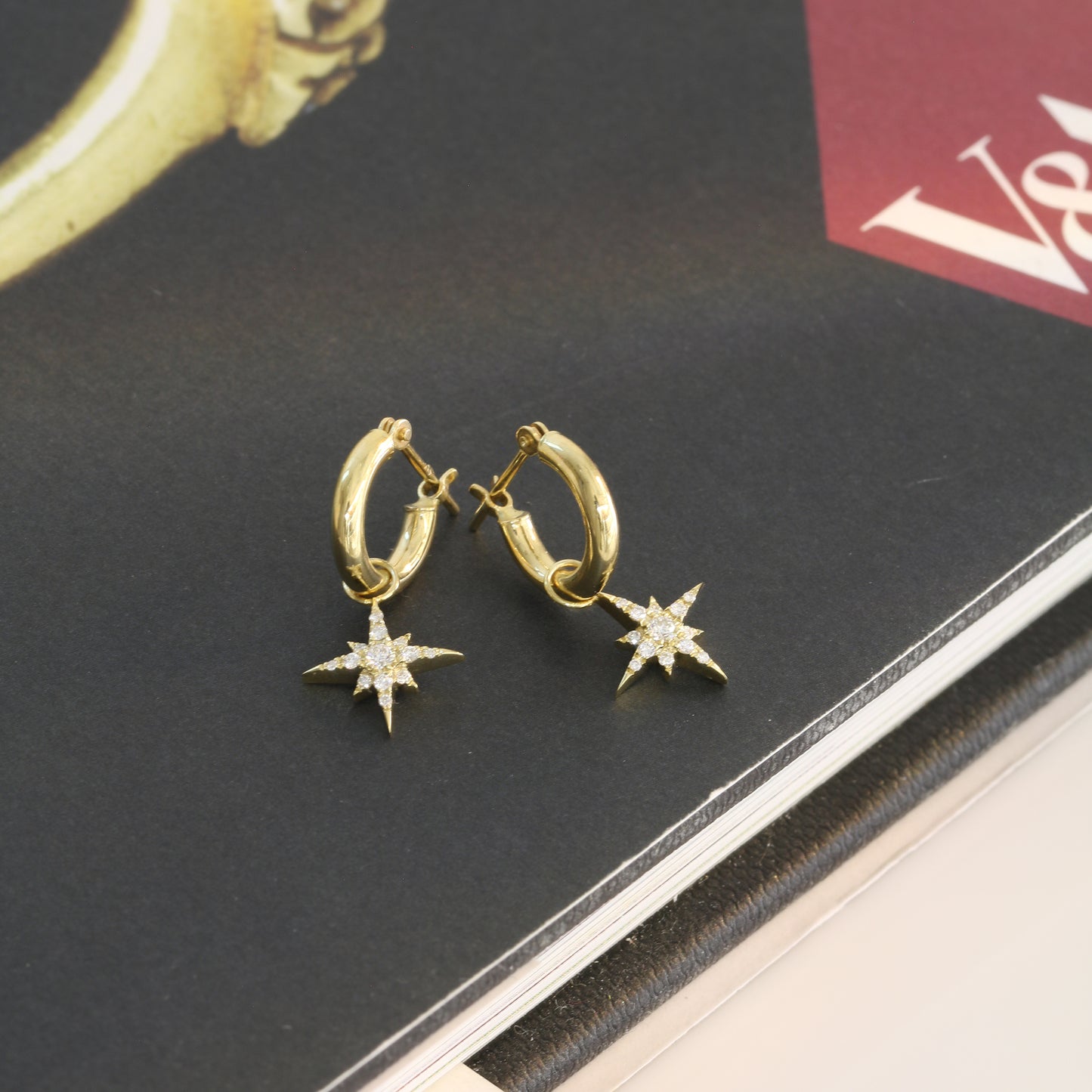 18k Gold Meteorites Diamond Huggie Dangle Earrings, Single or Pair