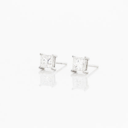18k White Gold Princess Cut Diamond Stud Earrings, Single or Pair