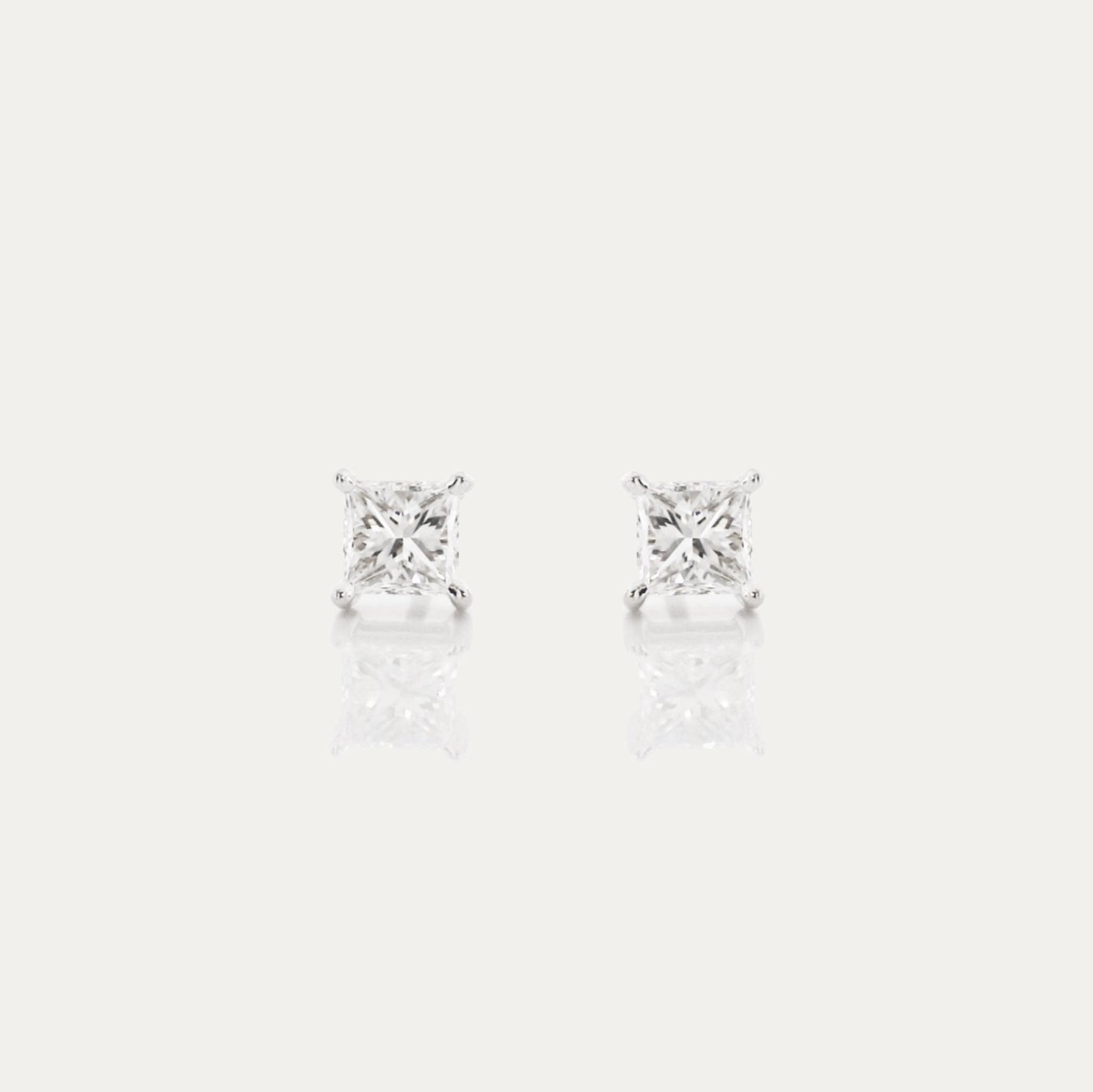 18k White Gold Princess Cut Diamond Stud Earrings, Single or Pair
