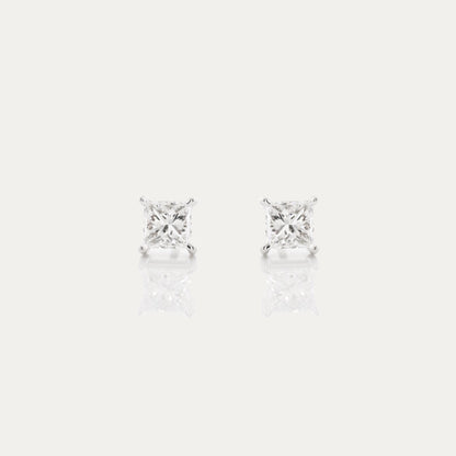 18k White Gold Princess Cut Diamond Stud Earrings, Single or Pair