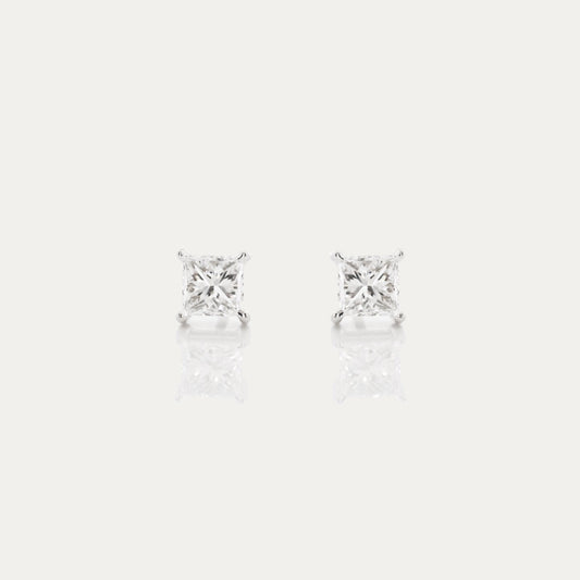 18k White Gold Princess Cut Diamond Stud Earrings, Single or Pair