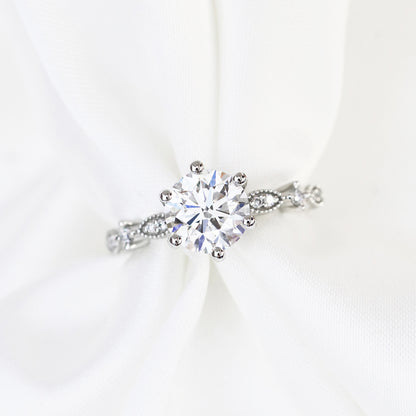 Bellflower Vintage 18k White Gold 6-Prong Bead Set Milgrain Band Round Brilliant Diamond Engagement Ring Setting 18k白金圓形六爪圓爪復古求婚鑽石戒指款式