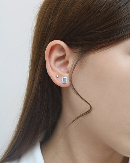 18k White Gold Emerald Cut Aquamarine Halo Diamond Earrings, Pair