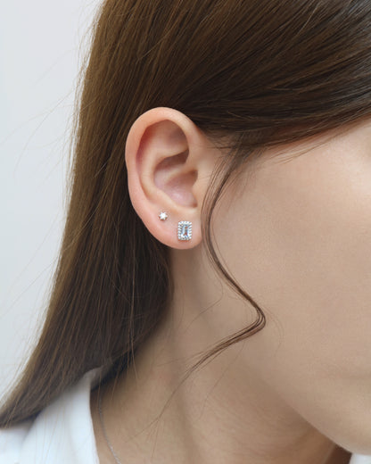 18k White Gold Emerald Cut Aquamarine Halo Diamond Earrings, Pair