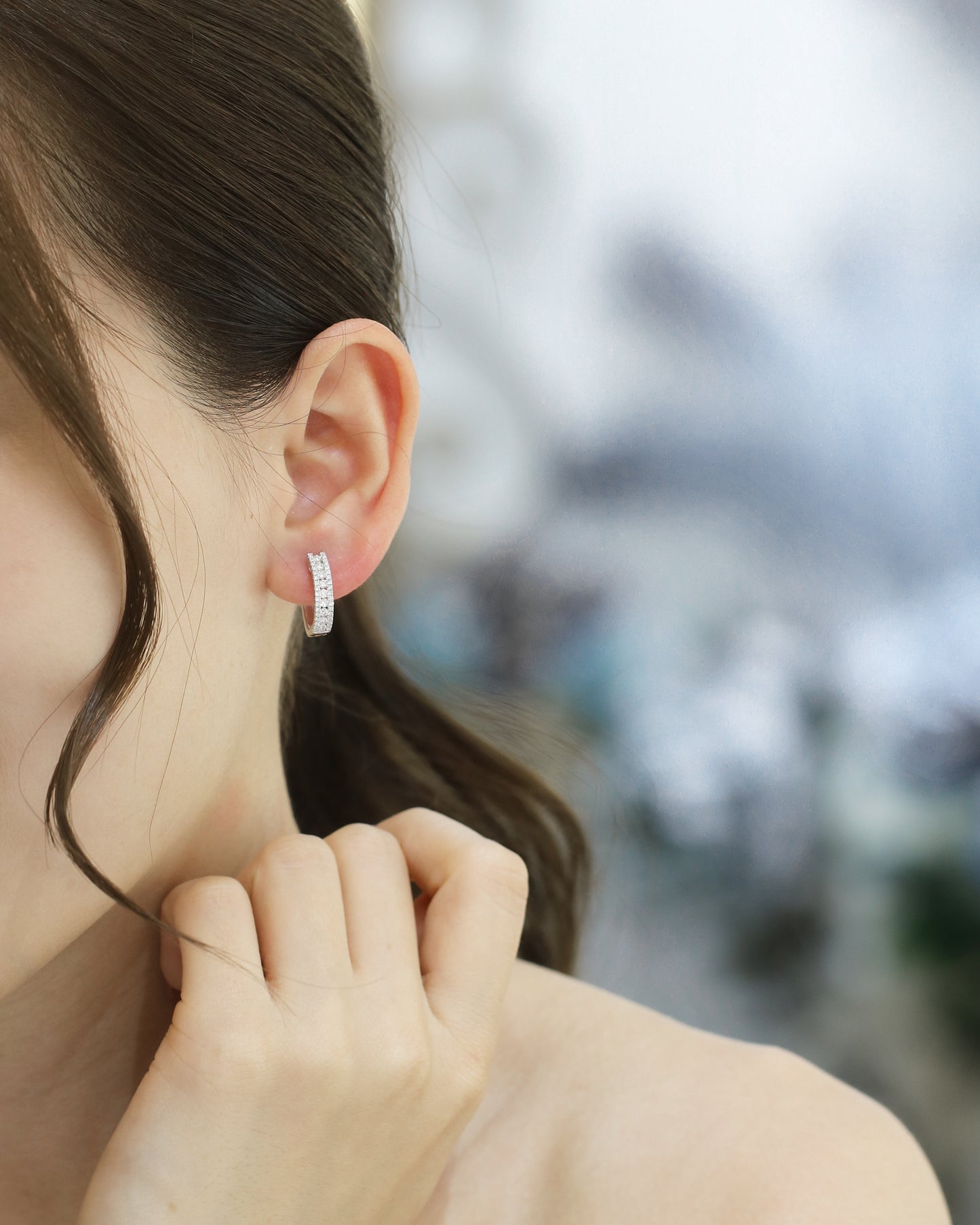 18k White Gold Diamond Hoop Earrings, Pair