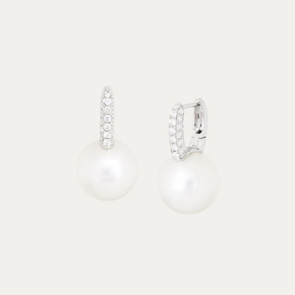 18k White Gold 14mm Australian South Sea Pearl Diamond Earrings