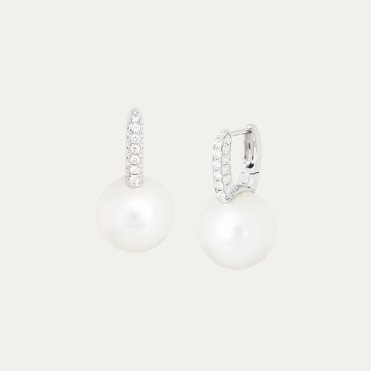 18k White Gold 14mm Australian South Sea Pearl Diamond Earrings