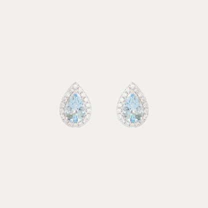 18k White Gold Pear-shaped Aquamarine Halo Diamond Earrings, Pair