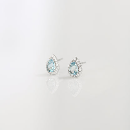 18k White Gold Pear-shaped Aquamarine Halo Diamond Earrings, Pair