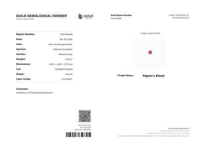 Pigeon's Blood Ruby Round 0.54ct with Certificate